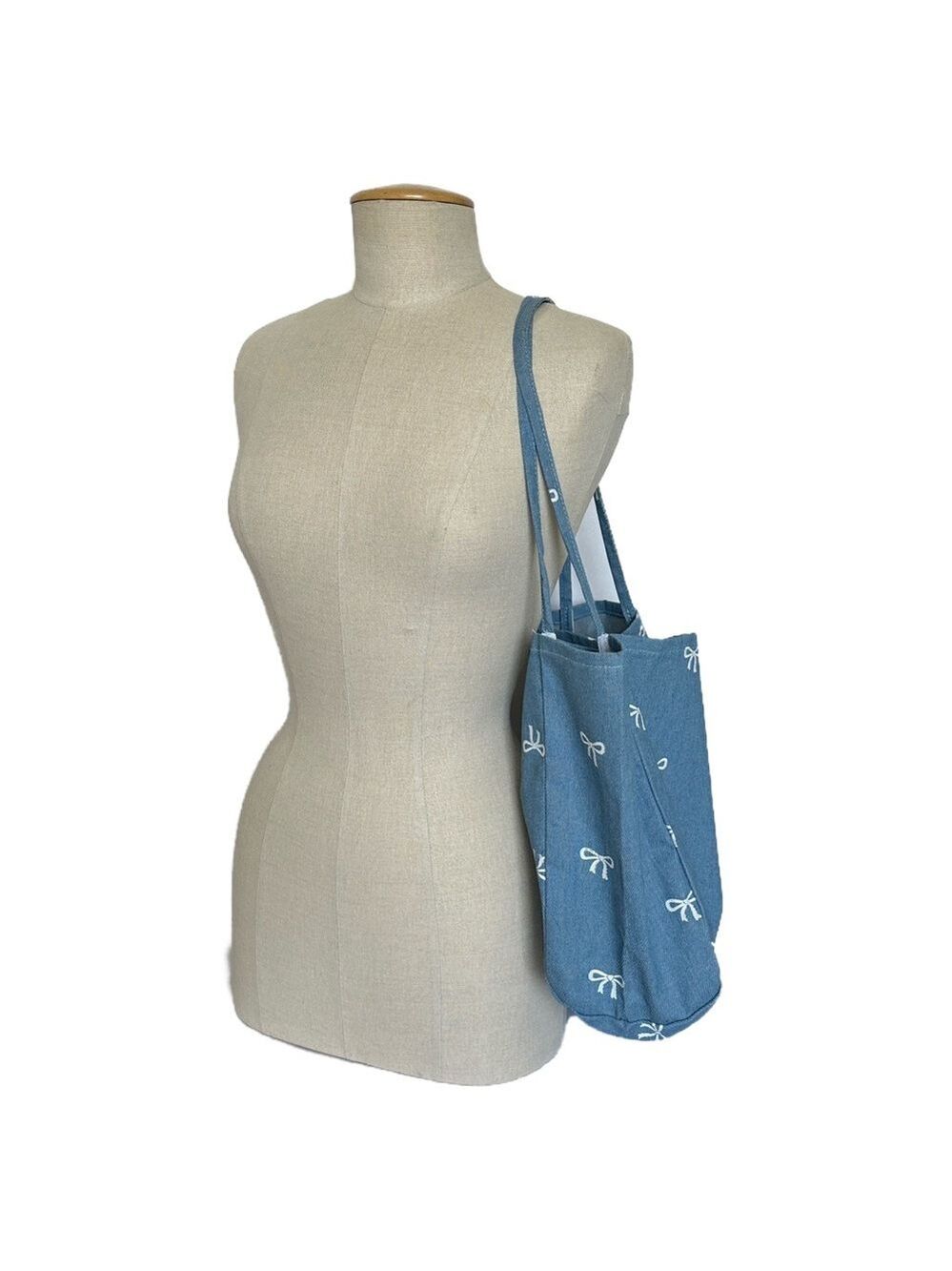 DENIM LARGE BOW TOTE | NEW Denim Blue & White Bow Tote Bag - Picture 6 of 7